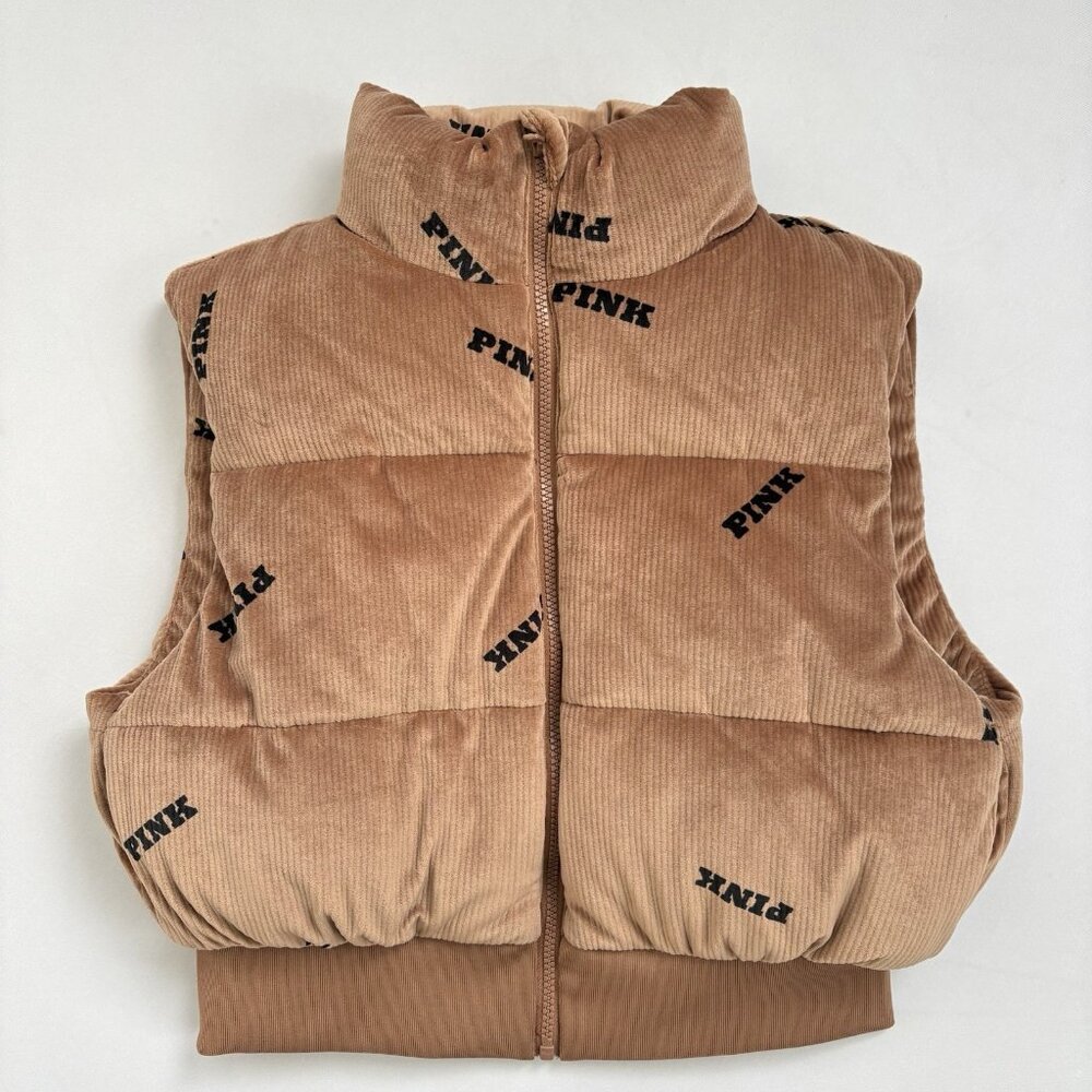 PINK Women’s Small Victoria Secret Rib Velour Crop Puffer Vest Caramel Brown Tan
